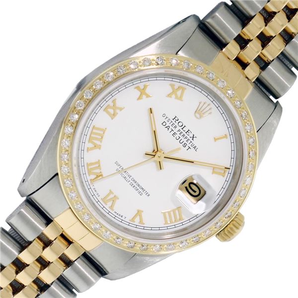 Rolex Mens Two Tone White Roman Diamond Datejust Wristwatch With Rolex Box