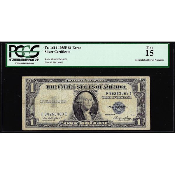 1935E $1 Silver Certificate Note Fr.1614 Mismatched Serial Number Error PCGS Fine 15