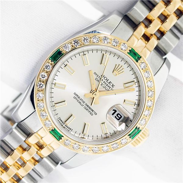 Rolex Ladies Two Tone Silver Index Emerald and Diamond Datejust Wristwatch