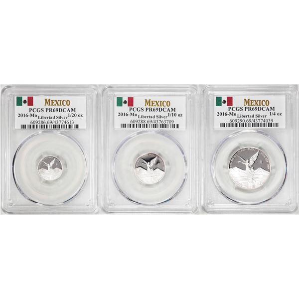 Lot of 2016-Mo Mexico Proof 1/20, 1/10 and 1/4 oz Silver Libertad Coins PCGS PR69DCAM