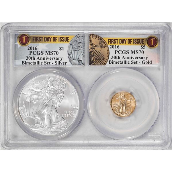 2016 $1 American Silver & $5 Gold Eagle 30th Anniversary Bimetallic Set PCGS MS70 FDOI