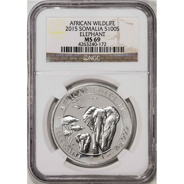 2015 Somalia 100 Shillings African Wildlife Elephant Silver Coin NGC MS69