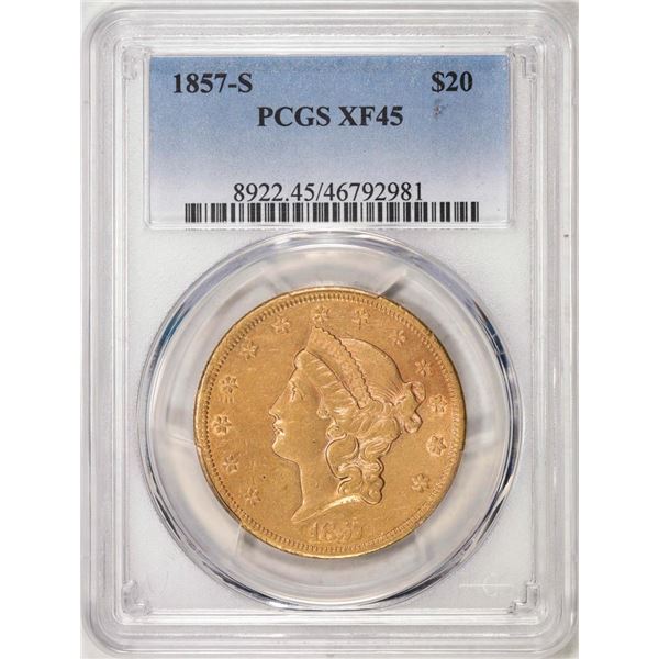 1857-S $20 Liberty Head Double Eagle Gold Coin PCGS XF45