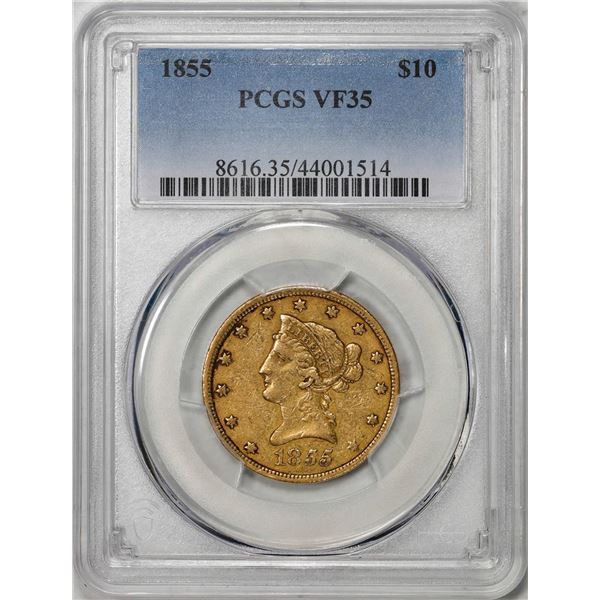 1855 $10 Liberty Head Eagle Gold Coin PCGS VF35