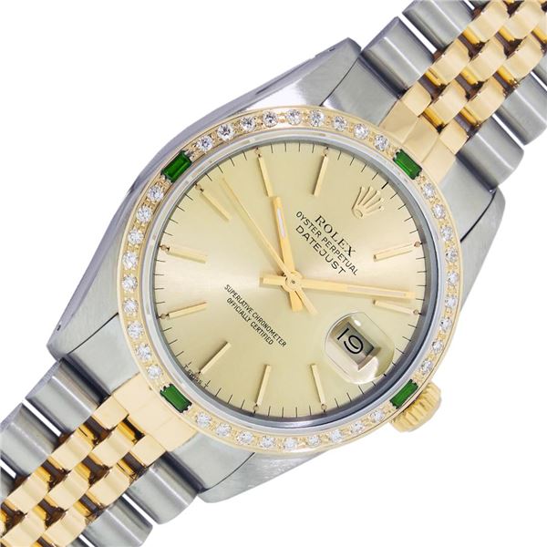 Rolex Mens Two Tone Champagne Index Emerald and Diamond Datejust Wristwatch