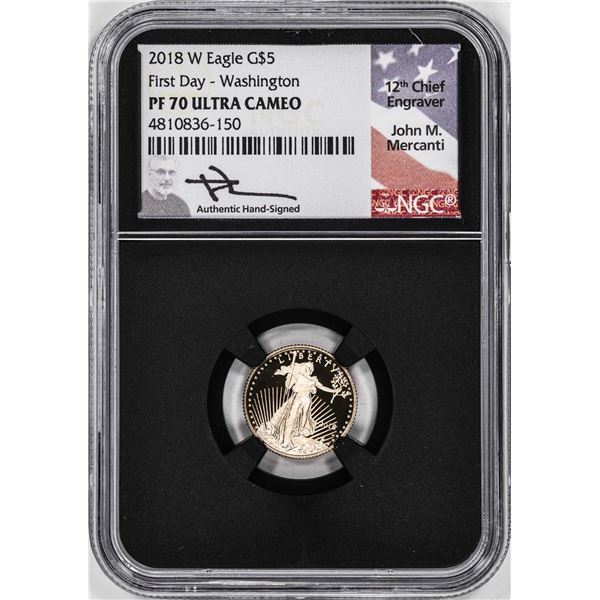 2018-W Proof $5 American Gold Eagle Coin NGC PF70 Ultra Cameo Mercanti Signed FD