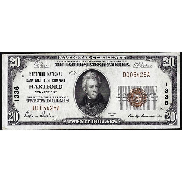 1929 $20 National Bank and Trust Co. Hartford, CT CH# 1338 National Currency Note