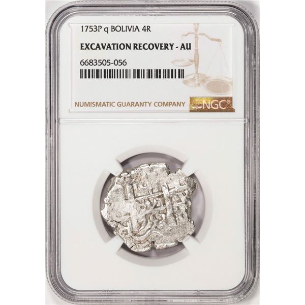 Shipwreck 1753P q Bolivia 4 Reales Silver Coin NGC AU Excavation Recovery