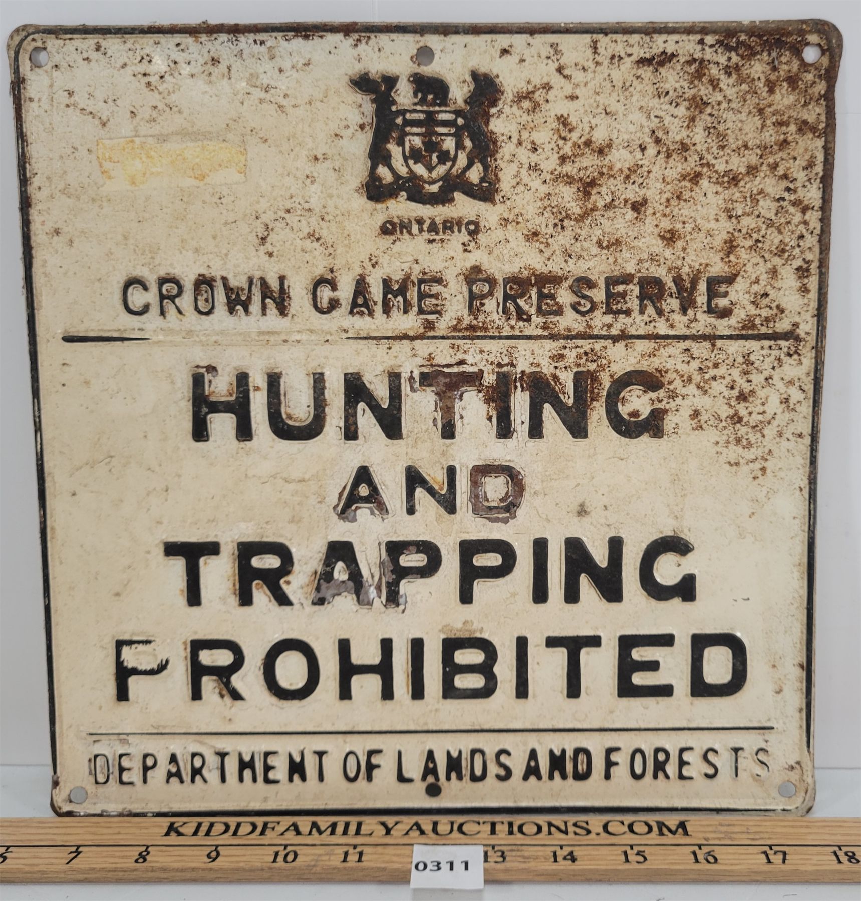 Sst Sign HUNTING AND TRAPPING PROHIBITED EMBOSSED SST SIGN - Kidd Family Auctions