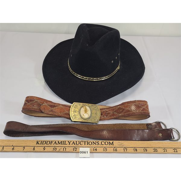 LOT OF 3 - WESTERN EXPRESS COWBOY HAT & LEATHER BELTS 