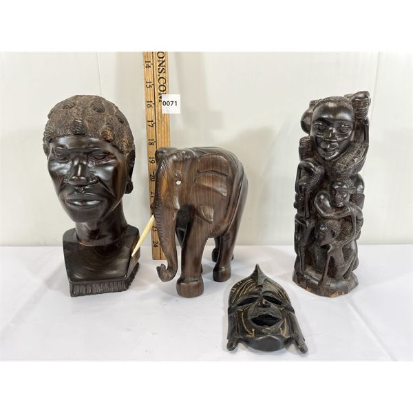 LOT OF 4 - AUTHENTIC AFRICAN CARVINGS - INCL ELEPHANT & MASK