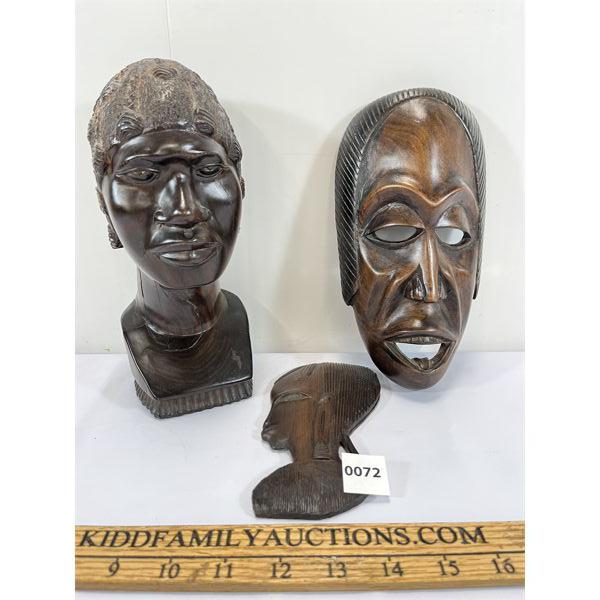 LOT OF 3 - AUTHENTIC AFRICAN CARVINGS - INCL MASK
