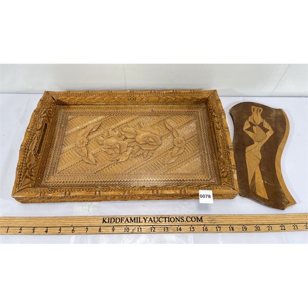 LOT OF 2 - WOOD INLAY ISRAELI WALL ART & ORNATE CARVED SERVING TRAY