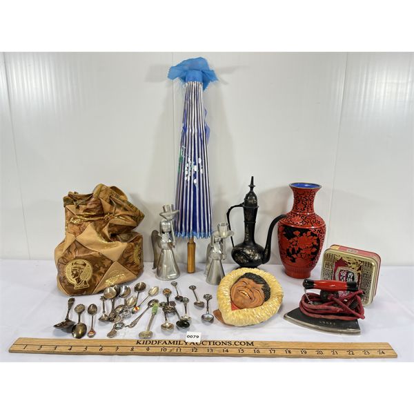 JOB LOT - COLLECTIBLES OF THE WORLD - INCL SPOONS, CANDLE HOLDERS, BAG & VASE ETC