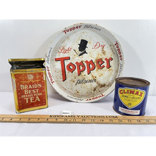 LOT OF 3 - BRAID'S BEST TEA TIN, TOPPER TRAY & JAM CAN