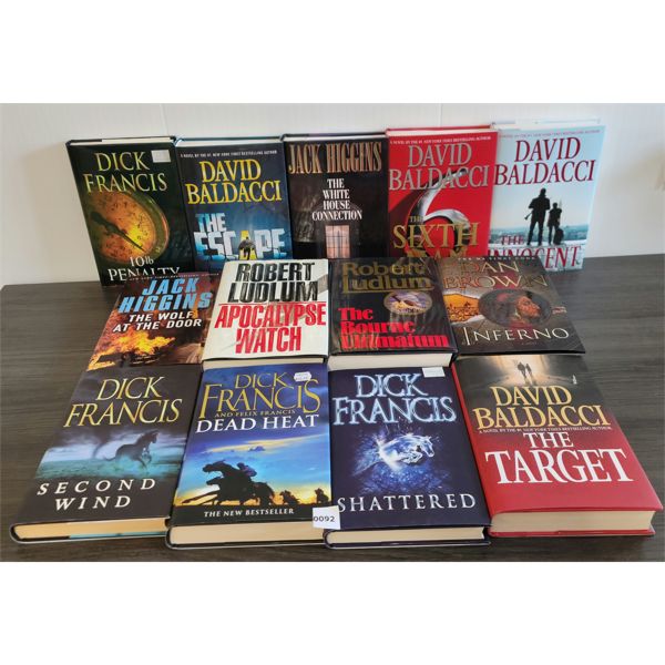 LOT OF 13 - HARD COVER FICTION BOOKS - INCL DAVID BALDACCI, DICK FRANCIS & JACK HIGGINS ETC