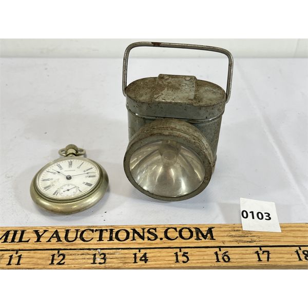LOT OF 2 - WALTHAM POCKET WATCH & SQUARE BATTERY OP BELT STYLE FLASHLIGHT