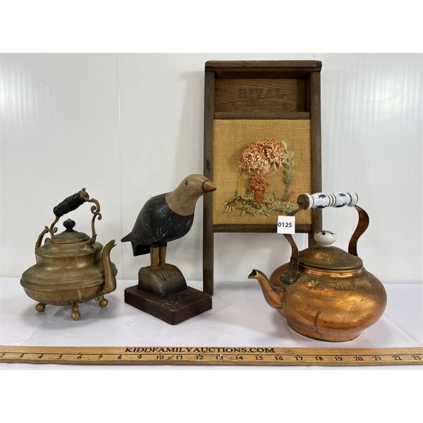LOT OF 4 - COPPER & BRASS TEA POTS & DECORATIVE WASHBOARD ETC