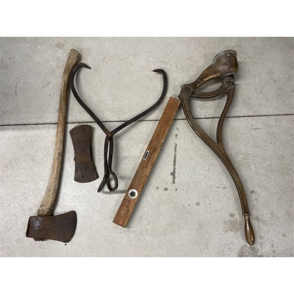 LOT OF 5 - WOODEN LEVEL, ICE TONGS, AXE & BRASS LEVER