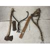 Image 1 : LOT OF 5 - WOODEN LEVEL, ICE TONGS, AXE & BRASS LEVER