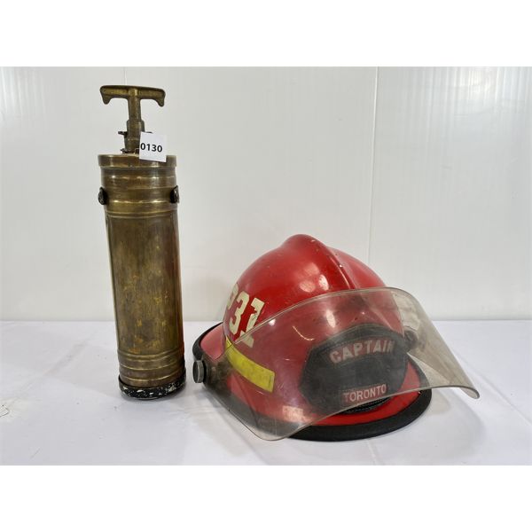 LOT OF 2 - FIRE CAPTAINS HELMET & BRASS EXTINGUISHER 