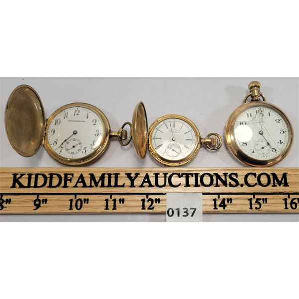 LOT OF 3 - POCKET WATCHES - WALTHAM, KNICKERBOCKER (DOLLAR WATCH), ETC 