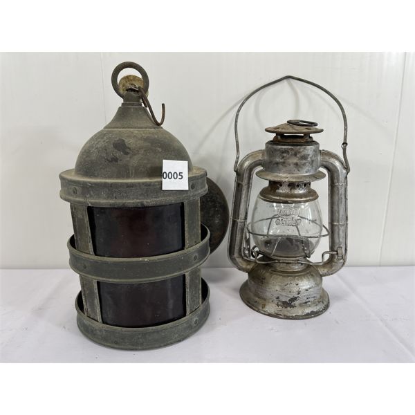 LOT OF 2 - AMBER WROUGHT IRON HANGING LANTERN & DIETZ COMET LANTERN 