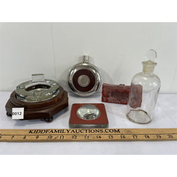 LOT OF 5 - FLASK, MAGNIFYING PAPER WEIGHT & ASHTRAY ETC