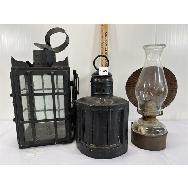 LOT OF 3 - LANTERNS - WROUGHT IRON - CANDLE & OIL