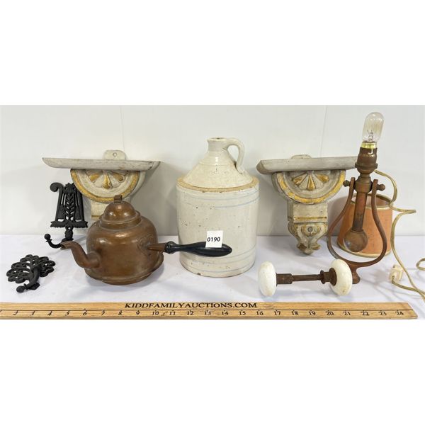 JOB LOT - WROUGHT IRON HOOKS, FINGER CROCK, COPPER KETTLE & NAUTICAL LAMP