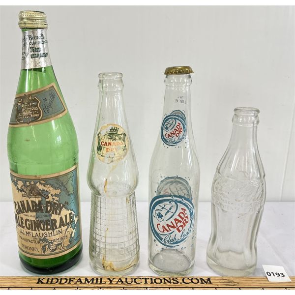 LOT OF 4 - COLLECTIBLE BOTTLES - INCL CANADA DRY & COCA-COLA