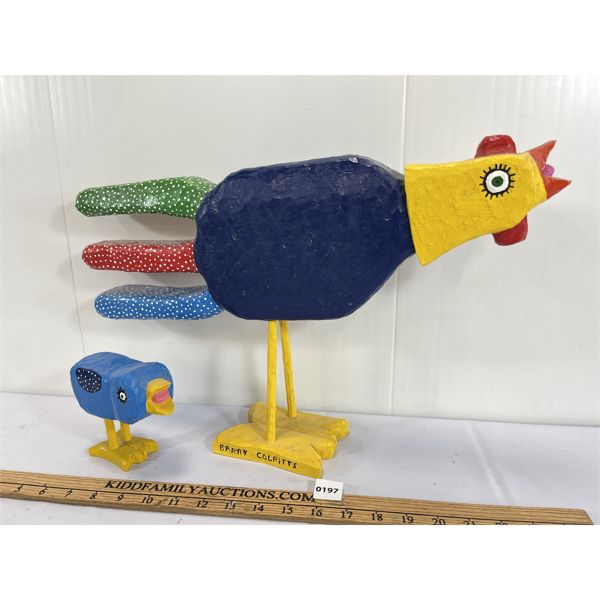 LOT OF 2 - FOLK ART - WOODEN CARVED CHICKENS