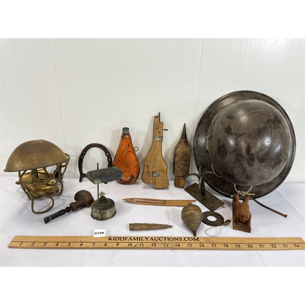 JOB LOT - TOBACCO PIPE, ARROW HEAD, POWDER FLASK & PLUMB ETC