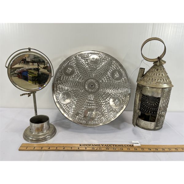 LOT OF 3 - SHAVING MIRROR & PUNCHED TIN CANDLE LANTERN ETC