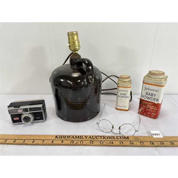 JOB LOT - FINGER CROCK STYLE LAMP, JOHNSONS BABY POWDER TINS & KODAK INSTAMATIC 300 CAMERA ETC