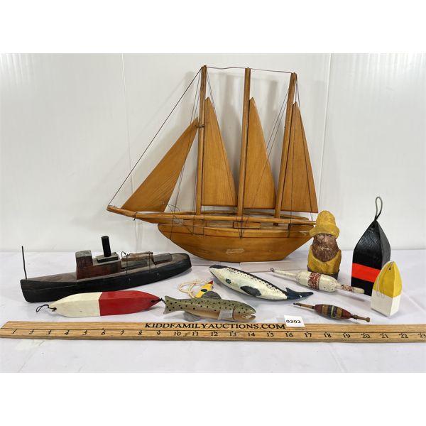 JOB LOT - NAUTICAL THEMED FOLK ART - INCL SAILBOAT, BUOYS & FISH ETC