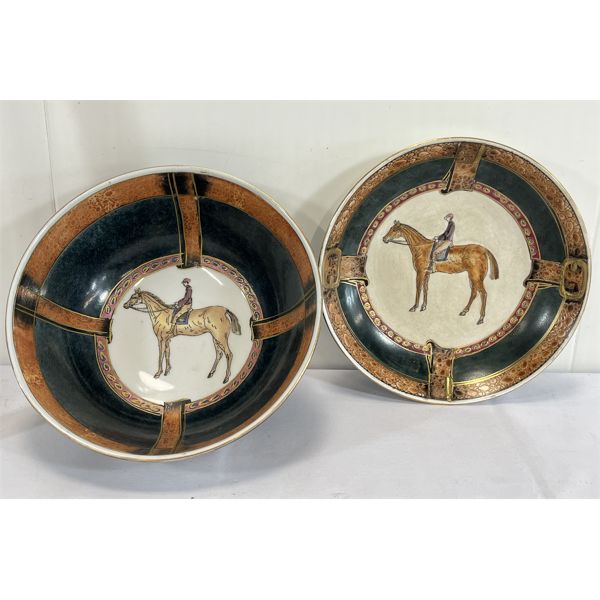 LOT OF 2 - HAND PAINTED EQUESTRIAN MOTIF DECORATIVE BOWL & PLATE