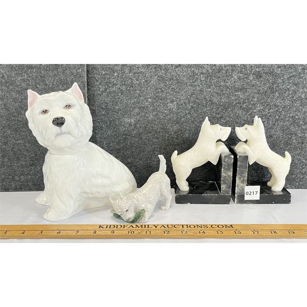 LOT OF 3 - PAIR OF WESTIE BOOKENDS, ROYAL COPENHAGEN WESTIE & ROYAL ADDERLEY LIQUOR BOTTLE