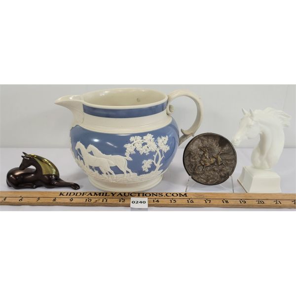 LOT OF 4 - BLUE & WHITE JASPER (?) PITCHER & HORSES HEAD PAPER WEIGHT ETC