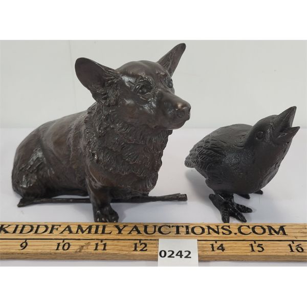 LOT OF 2 - BRONZE CORGI & CAST BIRD PAPERWEIGHTS