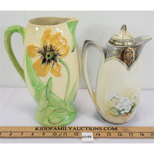 LOT OF 2 - FLOWER DESIGN GLASS PITCHERS - MARKED GERMANY & ENGLAND 