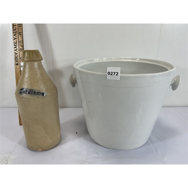 LOT OF 2 - ATKINSON SIGNED CROCK BOTTLE & PORCELAIN PLANTER