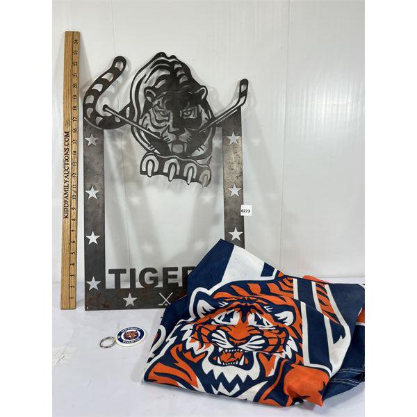 LOT OF 3 - SPORTS COLLECTIBLES - INCL METAL TIGERS CUT OUT, FLAG & KEYCHAIN