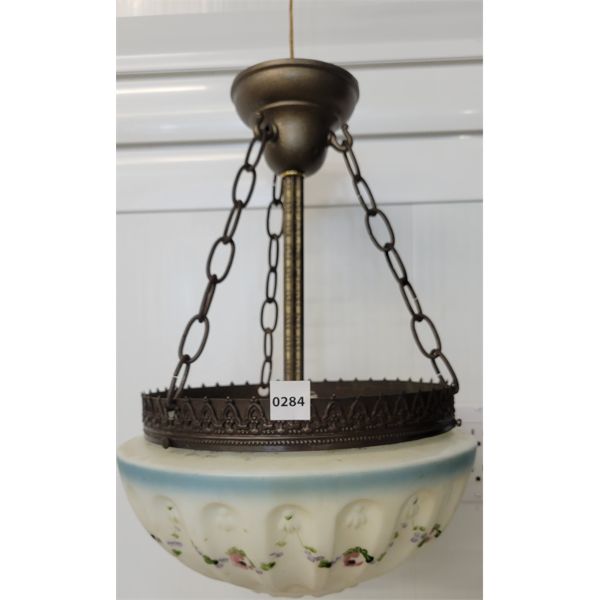 HAND PAINTED BOWL PENDANT LIGHT W/ EMBOSSED MILK GLASS SHADE