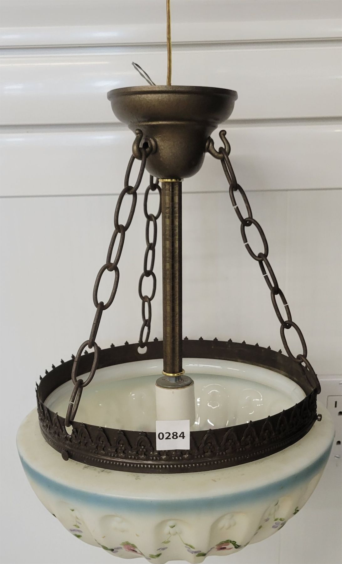 HAND PAINTED BOWL PENDANT LIGHT W/ EMBOSSED MILK GLASS SHADE