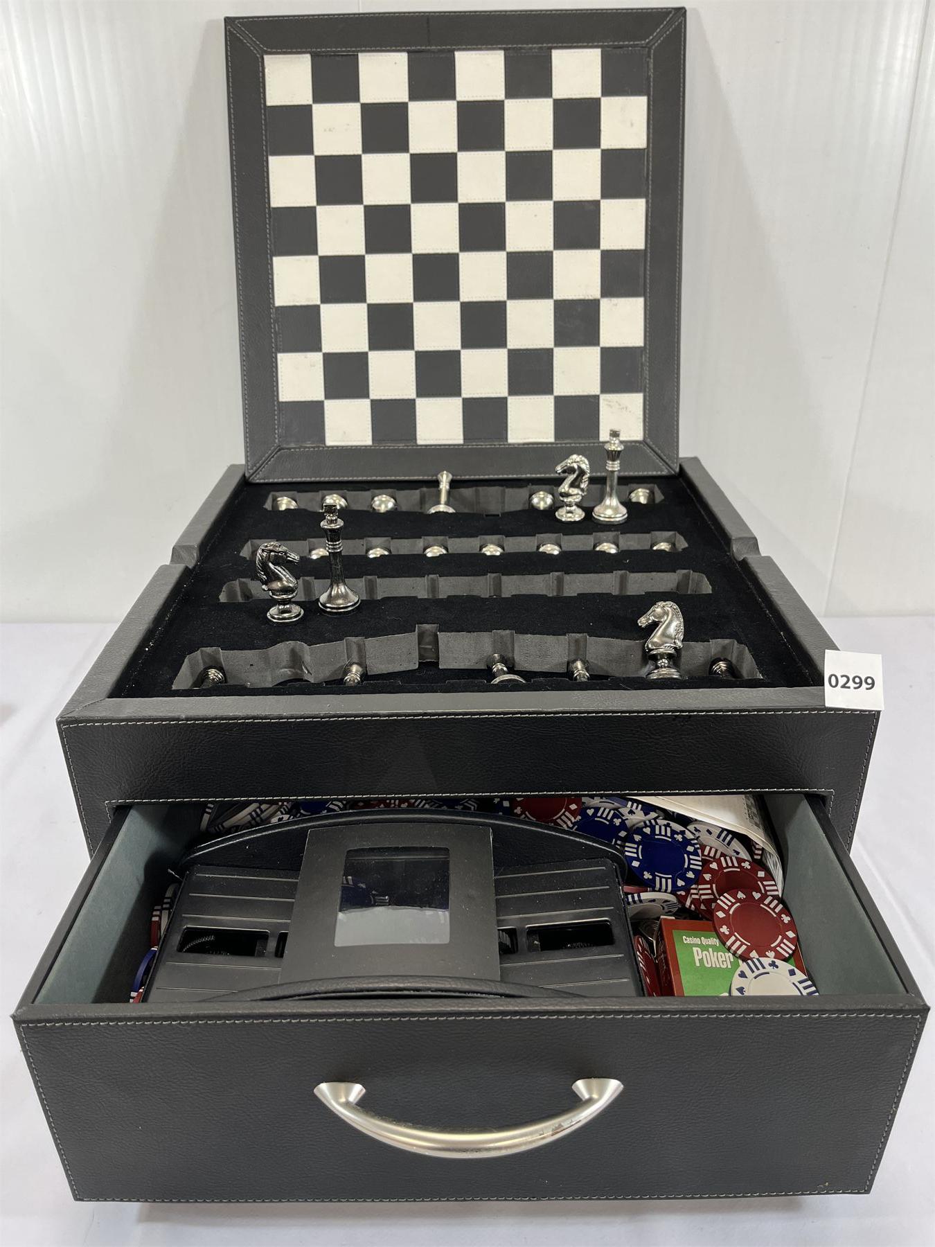 Chess Box Back LEATHER CHESS, BACKGAMMON & POKER BOX SET