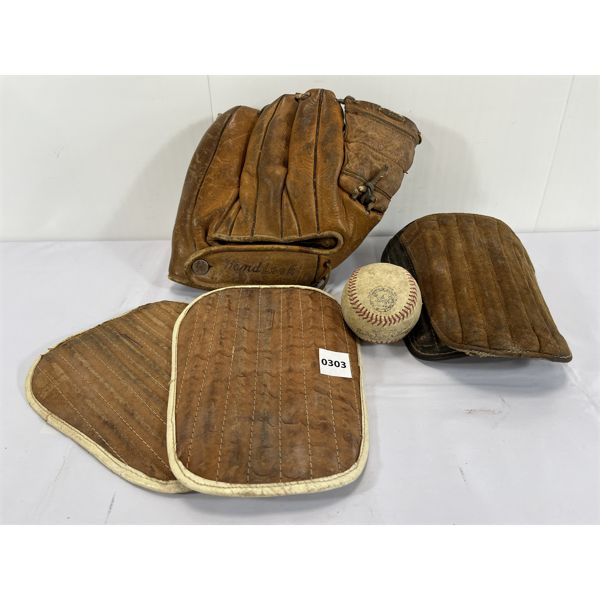 LOT OF 4 - CATCHERS BASEBALL MITT, BASEBALL & PAIR OF SHIN PADS