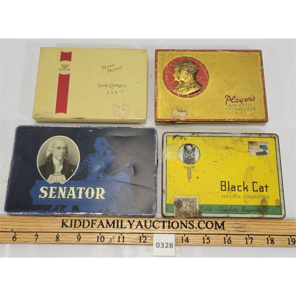 LOT OF 4 - CIGARETTE TINS - INCL BLACK CAT, PLAYER'S & THREE THREE'S ETC