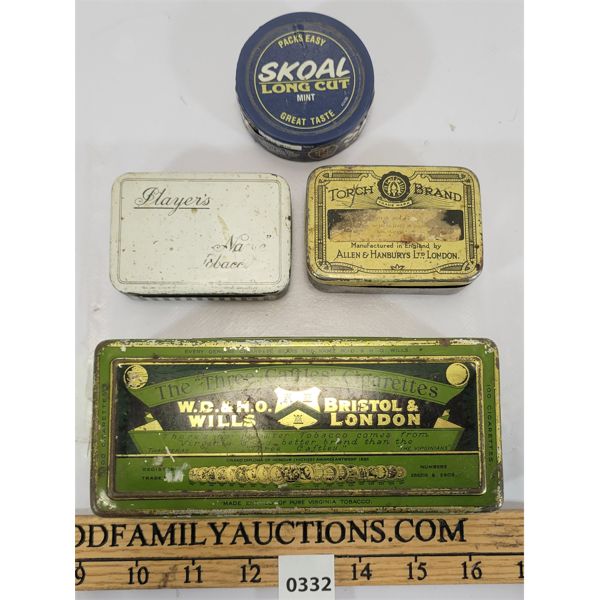 LOT OF 4 - CIGARETTE & TOBACCO TINS - INCL SKOAL & HAYE'S ETC