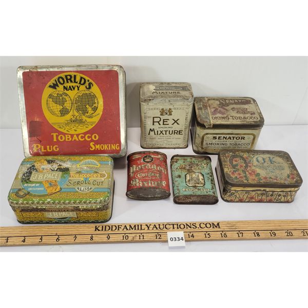 LOT OF 7 - TOBACCO CANS - INCL WORLD'S NAVY & J.B. PACE ETC